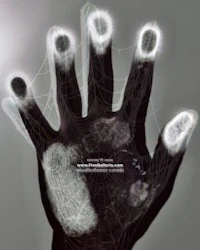 a black and white image of a hand with a web on it